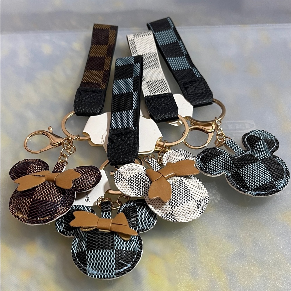 Plaid Mouse Ears Purse Charm Keychain Set with Gold Accents - 4pc